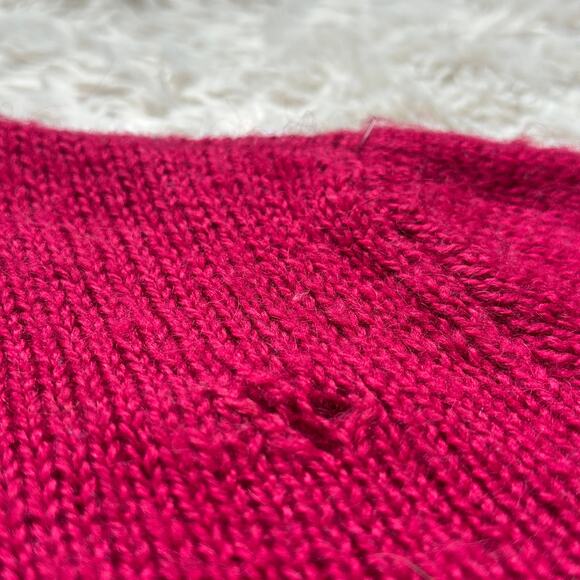 Gorgeous Handmade Knit Berry Red Wool Cardigan Pointelle Fits like Medium - Picture 10 of 10